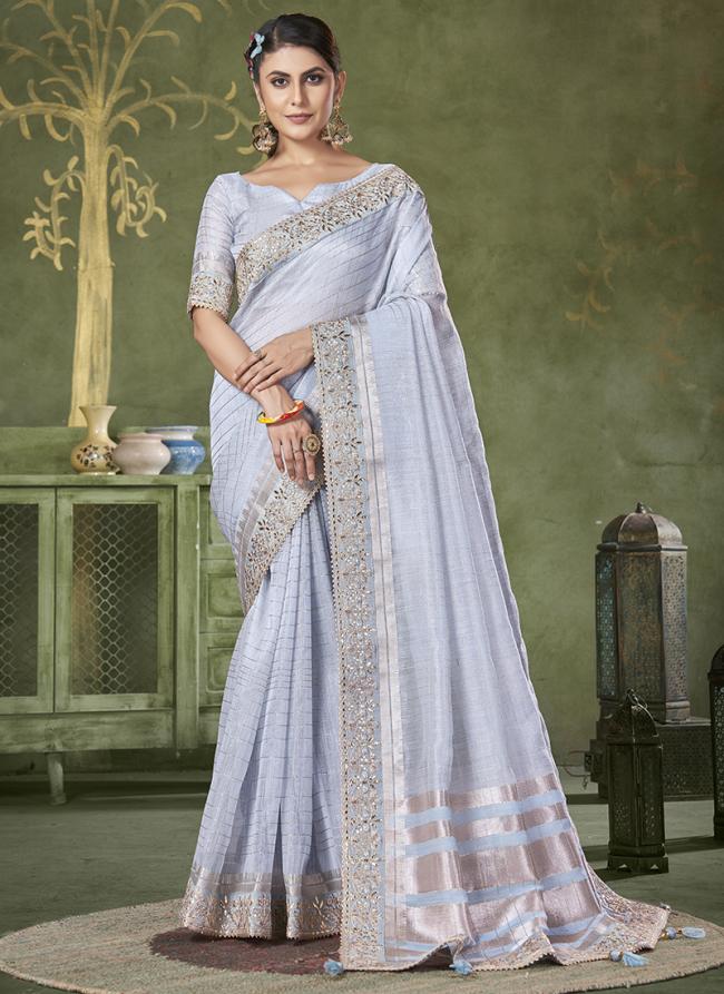 Linen Banarasi Checks Mint Blue Party Wear Border Work Saree